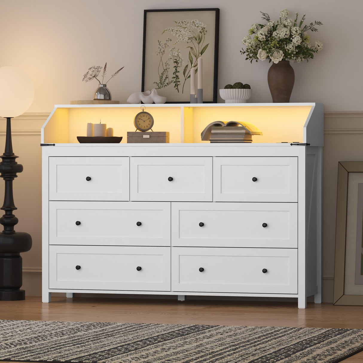 BORNOON 7 Drawer Dresser with LED Lights & Charging Station, Modern Wood Chest of Drawers for Bedroom, Wide Storage Dresser with Metal Handles & Anti-Tip Kit for Closet, Living Room, Entryway BORNOON