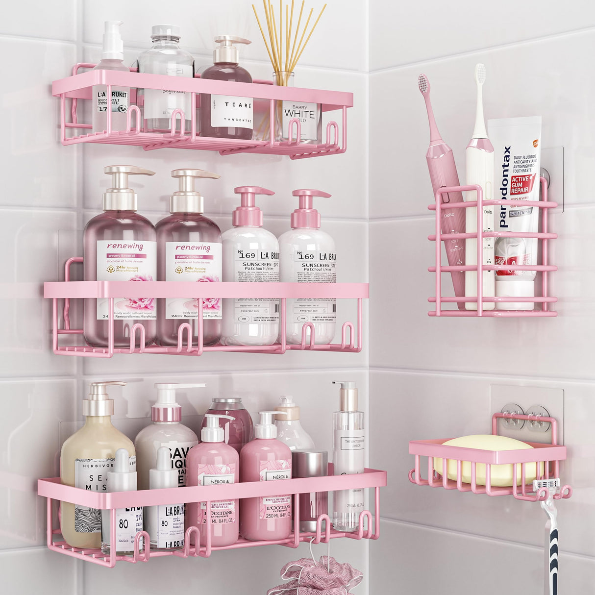 Liuoud 5 Pack Shower Caddy Organizer Rack Shelf for Inside Shower, Adhesive Bathroom Wall Storage Basket Rustproof Stainless Steel Shampoo Holder, Girly Bathroom Accessory Decor Set, Pink Liuoud