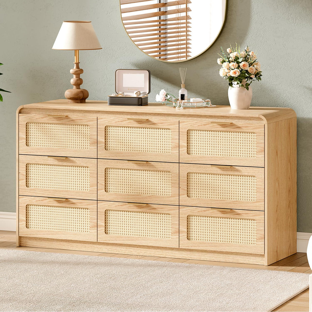 Ieejdn Mid Century Modern Dresser,Rattan 9 Drawers Dresser for Bedroom, 59" Wide Wood Dressers & Chests of Drawers/Curved Profile Design, Natural Texture for Bedroom, Living Room, Warm Wood