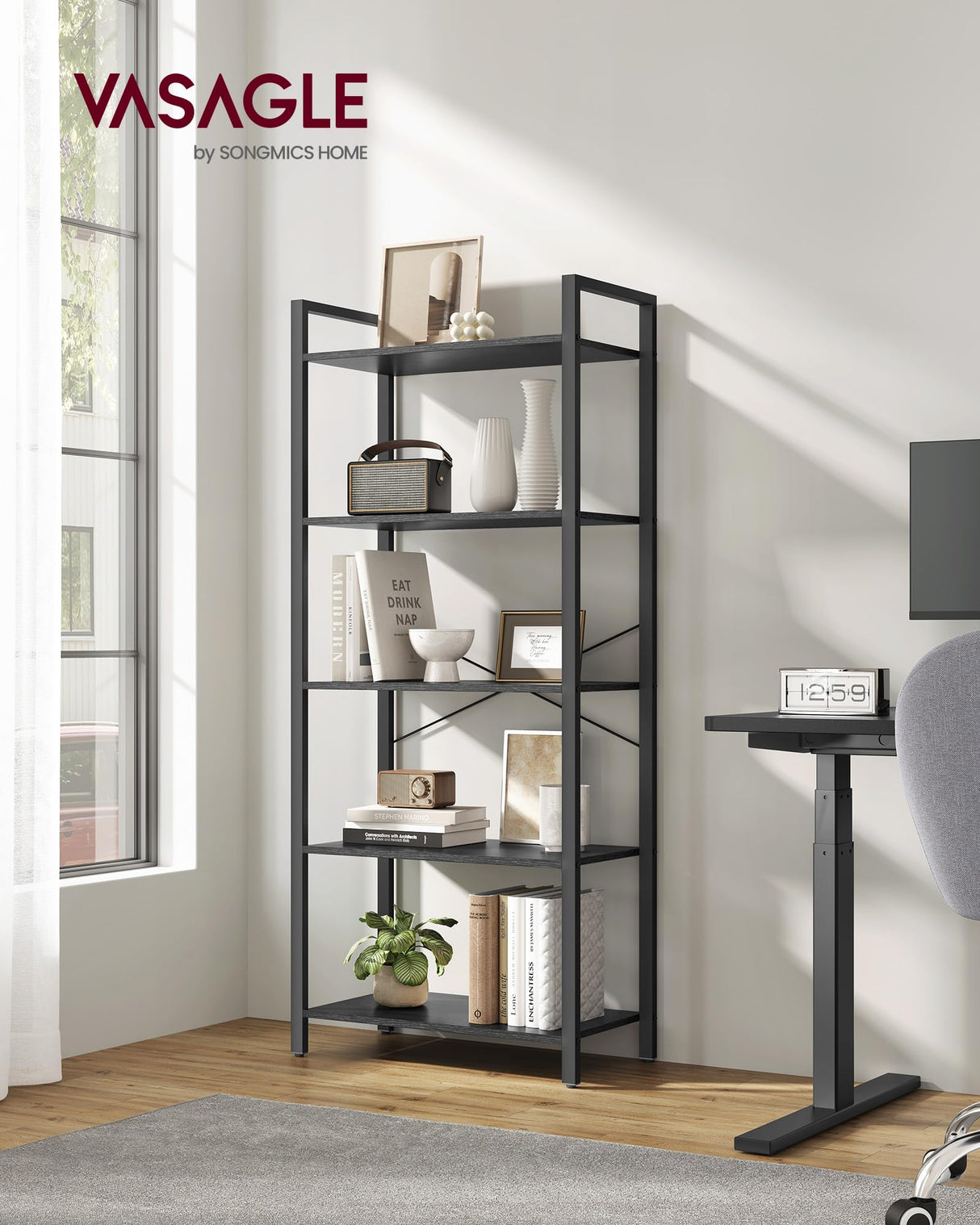 VASAGLE Industrial 5-Tier Bookshelf with Steel Frame in Ebony Black VASAGLE