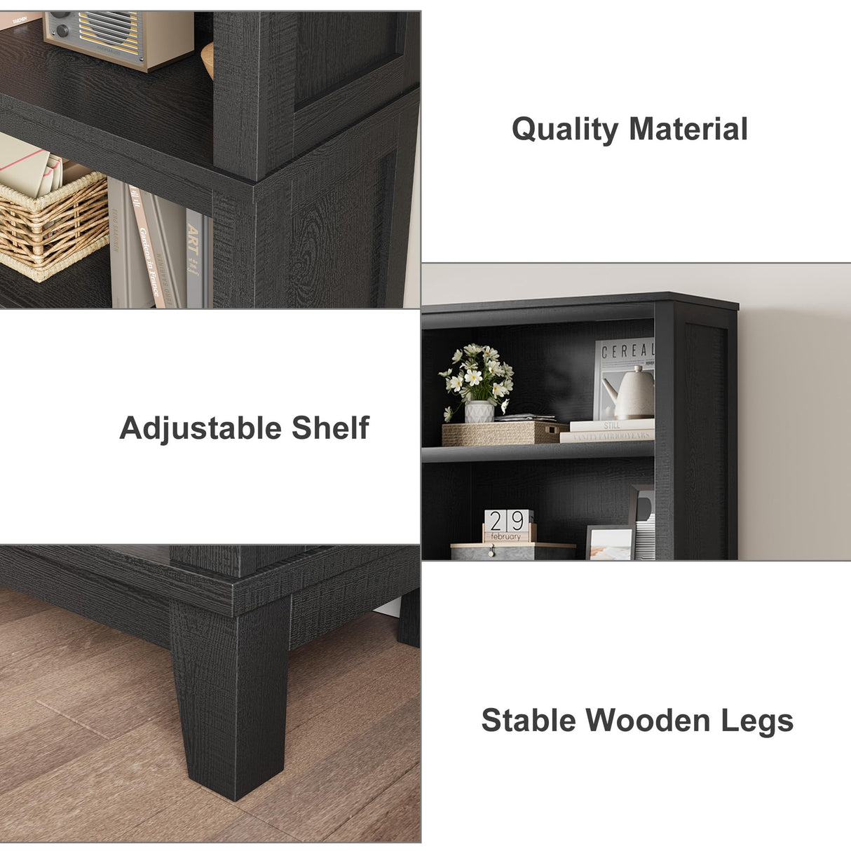 IDEALHOUSE 71" Farmhouse Bookshelf w/Adjustable Shelves & 31.5 in Whidth, 5 Tier Tall Bookshelf with Wooden Legs, Vintage Wooedn Book Shelf for Living Room Office (Black, 71.3" H x 31.5" W x 11.8" D) IDEALHOUSE