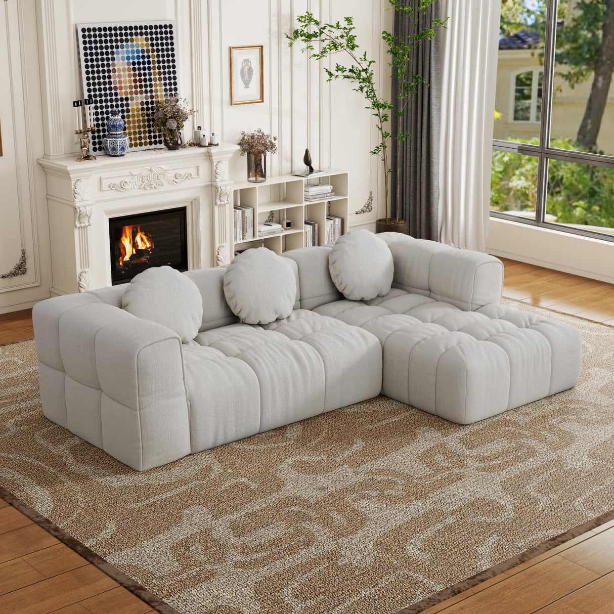 103" Cloud Couch Modular Sectional Sofa, Comfy Chenille Oversized Sectional Sofa with Deep Seat, Upholstered Tufted L Shaped Boneless Couches for Living Room, Right Facing, Off White HYJT-H&K