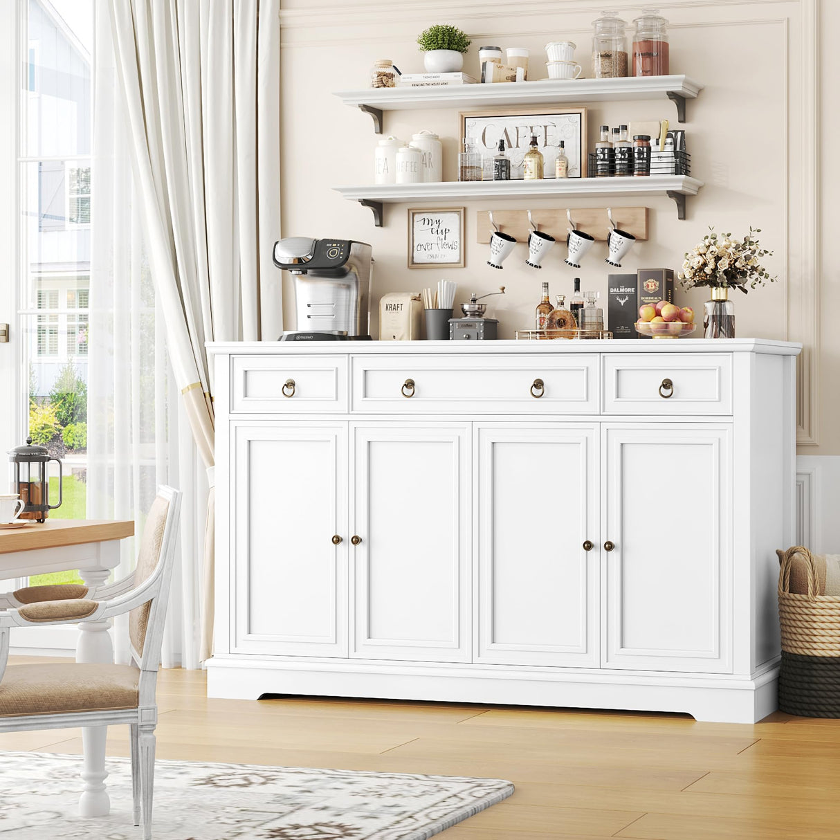finetones Buffet Cabinet with Storage, 55.1" Large Sideboard Buffet Cabinet, White Kitchen Cabinet with 3 Drawers and 4 Doors, Wood Coffee Bar Cabinet for Kitchen Dining Room, White finetones