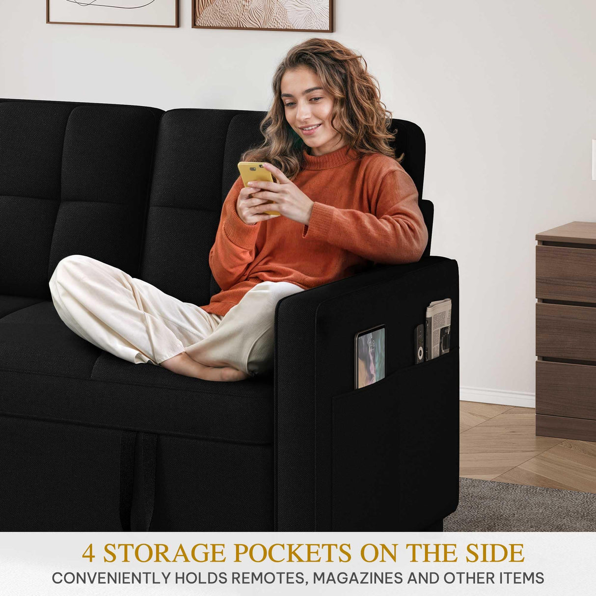 DWVO 55" Convertible Sofa Bed, 3-in-1 Sleeper Sofa with Pull-Out Bed, Linen Futon Couch with Side Pocket and Adjustable Backrest, Modern Loveseat for Living Room, Balck DWVO