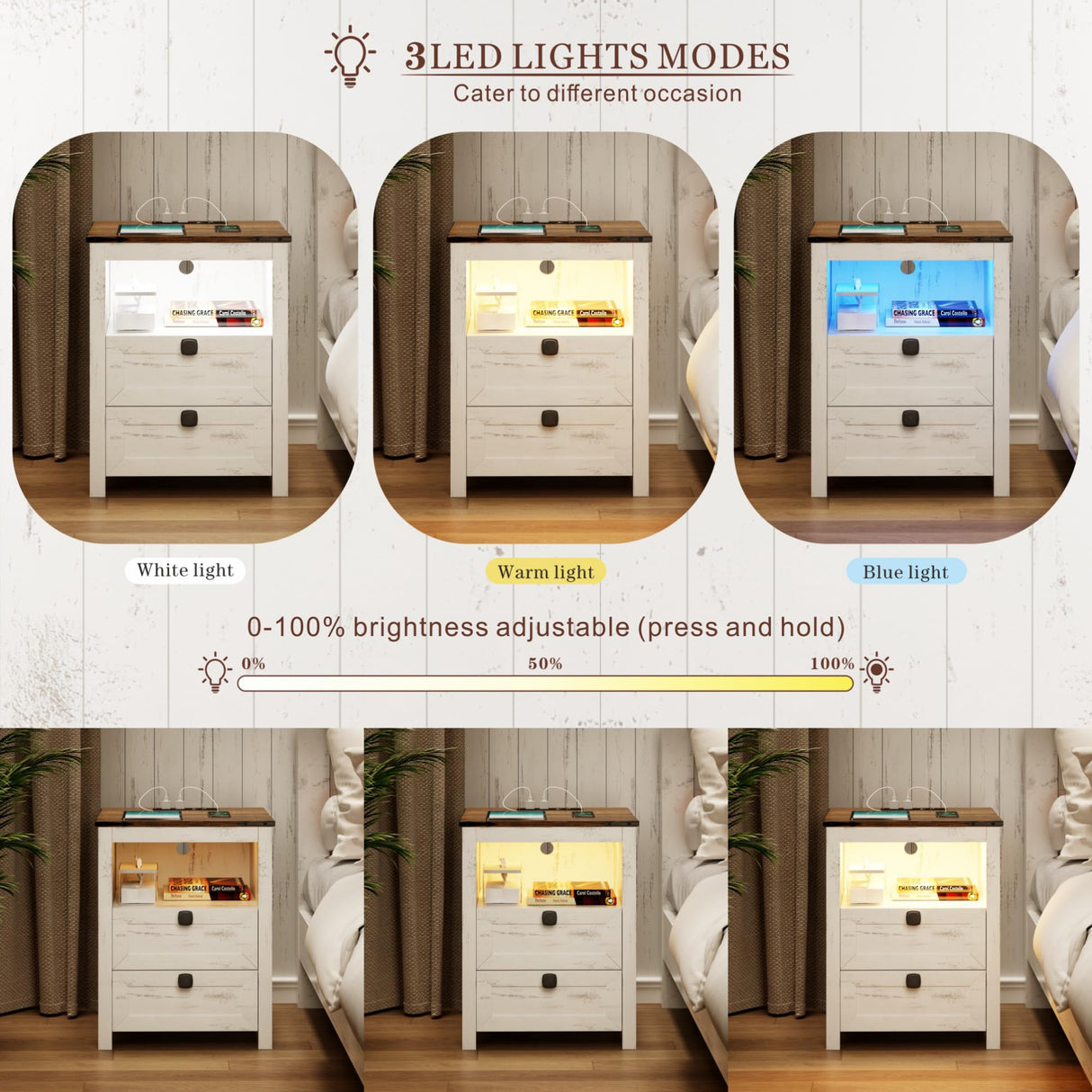 FREDEES Farmhouse Nightstand with Charging Station & Power Outlets, Smart LED Night Stand with Human Sensor 3 Color Lights&Drawers, Farmhouse End Side Table for Bedroom/Living Room, Antique White FREDEES
