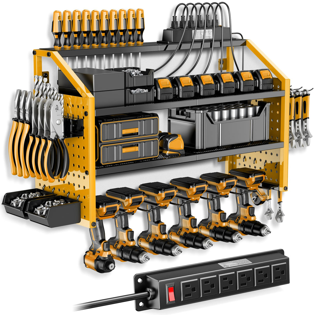 LBT Power Tool Organizer With Charging Station,Patented,Heavy Duty Steel,6 Drilling Rig Sizes With Hooks And Screw Boxes,6 sockets,Easy To Install Garage Storage Rack,Great Gift For Men, Yellow LBT