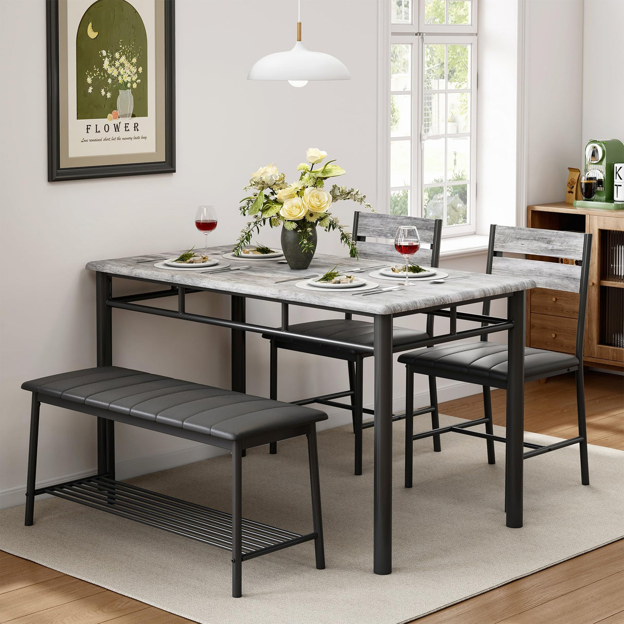 IRONCK Dining Table Set for 4, Kitchen Table with Upholstered Bench and 2 Chairs, Kitchen Table and Chairs Set for Small Space, Apartment, Gray IRONCK