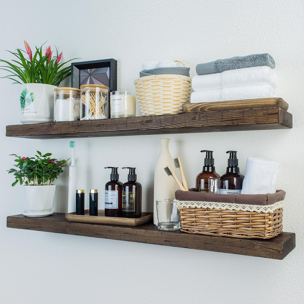 XWNE Wood Floating Shelves,48 inch Rustic Wood Wall Shelves for Bathroom Living Room Bedroom Kitchen Farmhouse Laundry Room Set of 2,Handmade-Thickened Wall Shelf (Distressed Walnut, 48''x8''x1.5'') XWNE