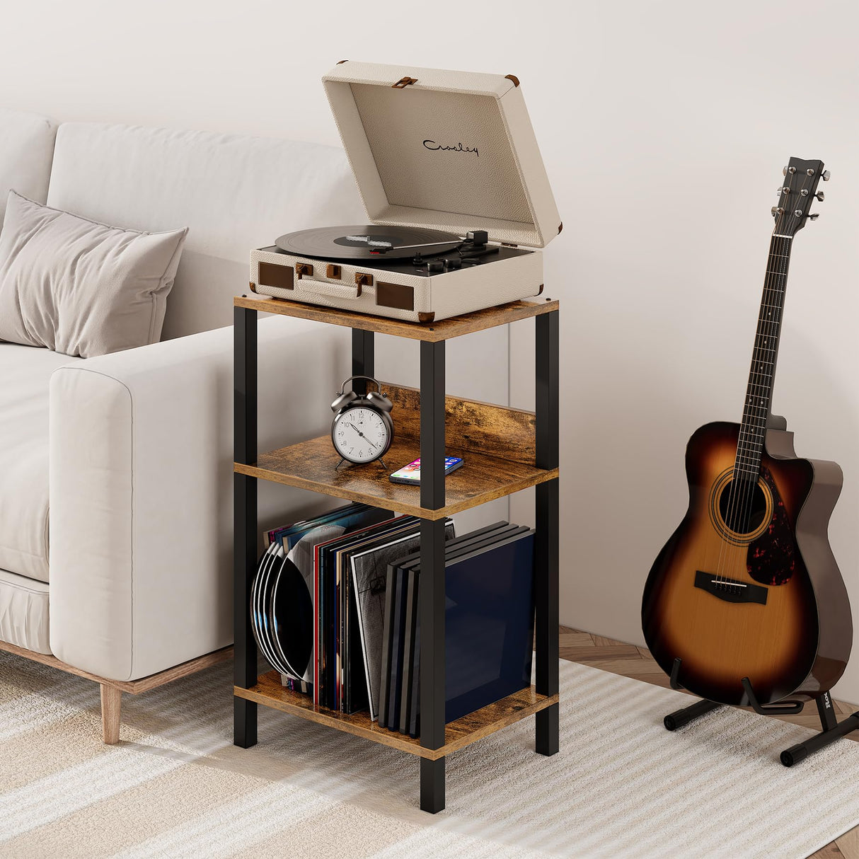 TUTOTAK Record Player Stand with Storage Up to 100 Albums,Record Storage Table,3 Tier End Table,Side Table for Living Room, Bedroom, Brown TB01BB075 TUTOTAK
