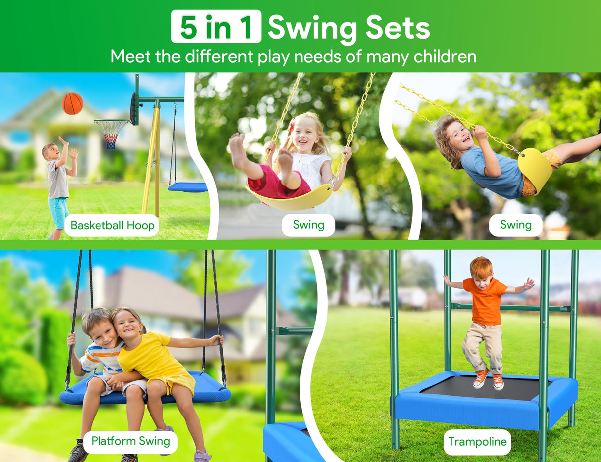 Vibemo Swing Sets for Backyard, 5-in-1 Outdoor Swing Set, 660 lbs Heavy Duty Extra Large Metal Kids Swing Sets with Trampoline, Platform Swing, 2 Swings and Basketball Hoop Vibemo
