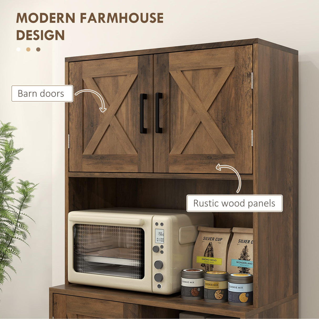 HOMCOM 71" Farmhouse Kitchen Pantry Storage Cabinet, Freestanding Tall Kitchen Hutch with Microwave Oven Countertop, Adjustable Shelves and Drawers, Brown HOMCOM