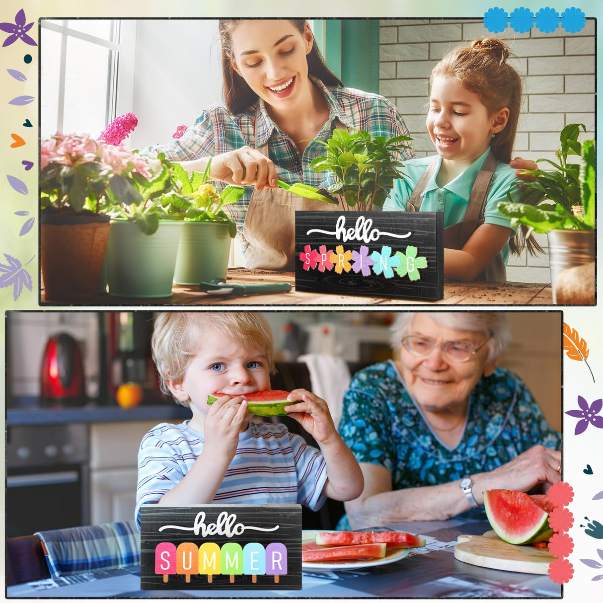 Roowest 5 Pcs Hello Fall Sign Interchangeable Seasonal Sign Spring Summer Winter Tiered Tray Decor 5.9 x 3 Inch Wooden 4 Seasons Farmhouse Table Centerpiece Decoration for Home Shelf Office(Basic) Roowest