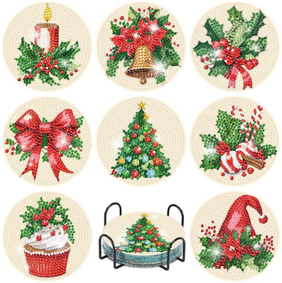 eniref 8 Pcs Christmas Diamond Art Coasters Kits with Holder, Chirstmas Bell Candy Candle Diamond Pinting Coasters Acrylic Cup Coaster with Cork Pads for Tabletop Protection 10×10 CM