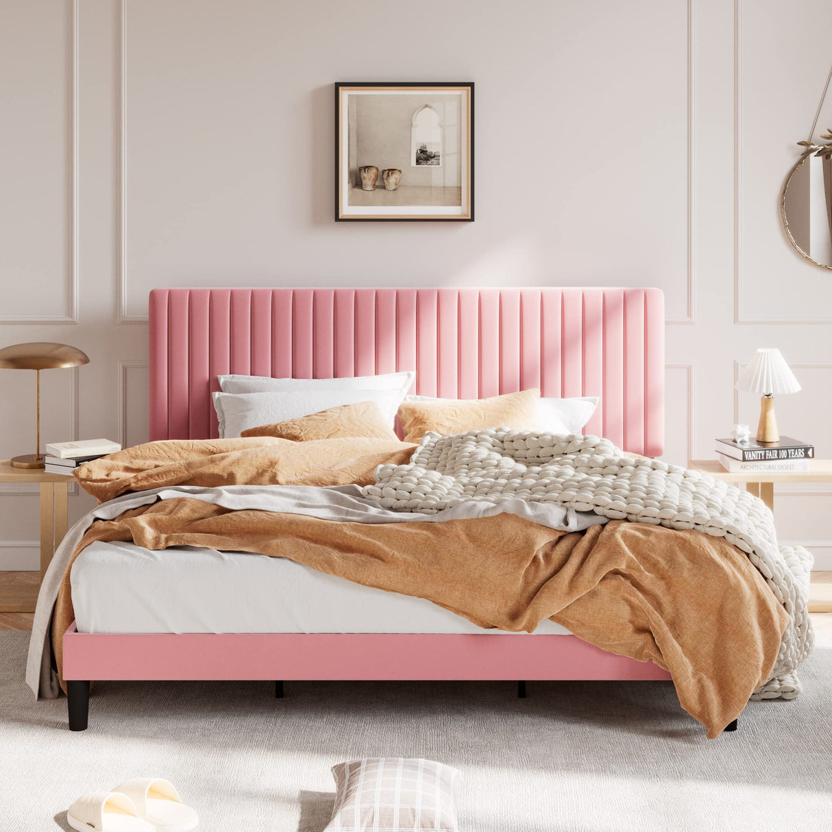 SHA CERLIN King Upholstered Platform Bed Frame with Adjustable Headboard/Vertical Channel Tufted Velvet Fabric/Wooden Slats Support/Mattress Foundation/Box Spring Optional/Pink SHA CERLIN
