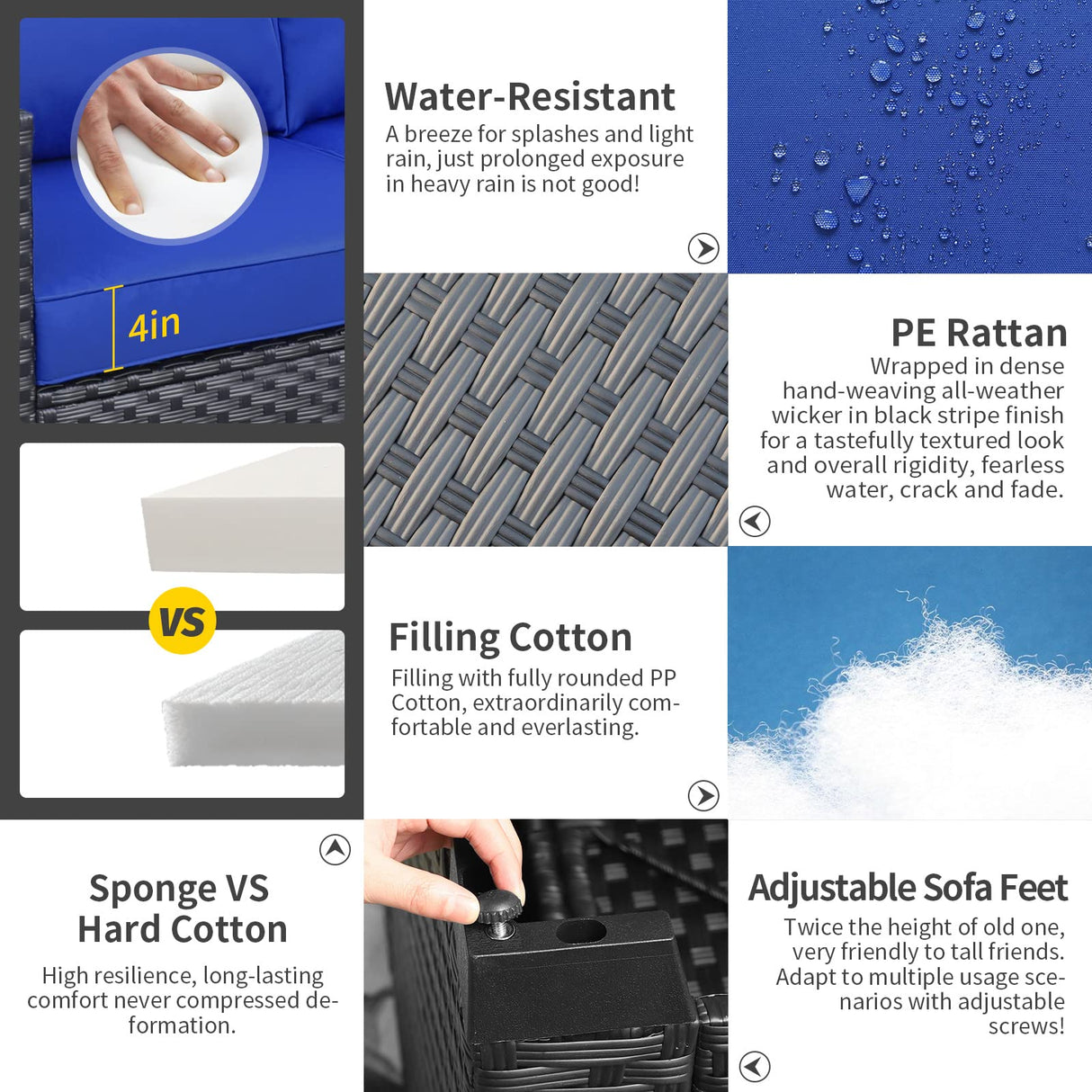 Patio Wicker Furniture Set 7 Pieces Outdoor Black Rattan Conversation Seat Couch Sofa Chair Set with Royal Blue Cushion and Furniture Covers Rattaner