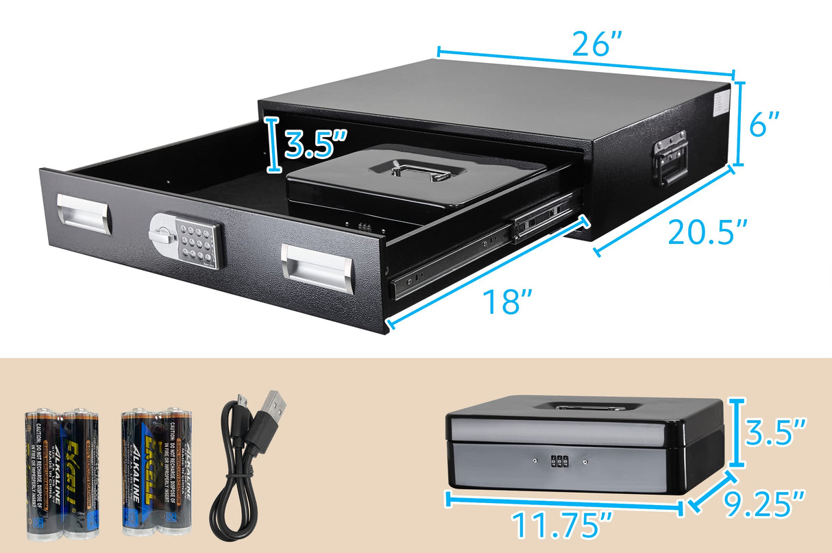 Under Bed Gun Safe Drawer for Pistol - Long Storage Case for Car Trunk Gun Storage - Pistol Safes for Home Jewelries and Pistols, Horizontal Gun Safe POCHAR
