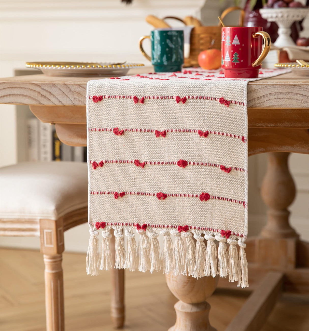 Caflife Christmas Table Runner 72 Inchs Long for Modern Farmhouse Room Home Christmas Decorations, Boho Red Table Runner, Natural Cotton Woven with Tassels for Holiday Kitchen and Dining Table Decor Caflife