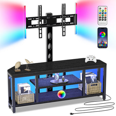 EVAWOO Corner TV Stand LED, Universal TV Mount Stand for 32-60" TV, Height Adjustable Swivel TV Console Wood & Steel Entertainment Center with Mount, Cabinet, Power Outlet, Colorful LED Light, Black