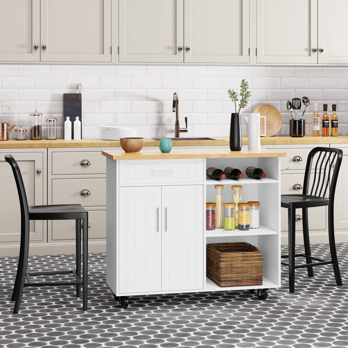 Shintenchi Kitchen Island Cart with Storage,Rolling Kitchen Island Side Table on Wheels with Large Worktop,Storage Cabinet,Towel Rack and Drawers for Kitchen,Dinning Room,White Shintenchi