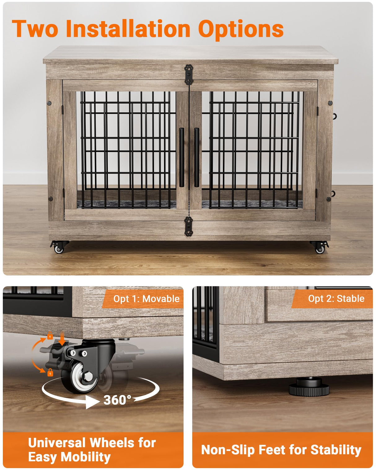 Dog Crate Furniture with Cushion, Large Wooden Dog Kennel Indoor with Double Doors, Dog Cage with Wheels, Dog House Side End Table for Large Medium Dogs up to 70 lb, 38.5” L, Grey YaFiti