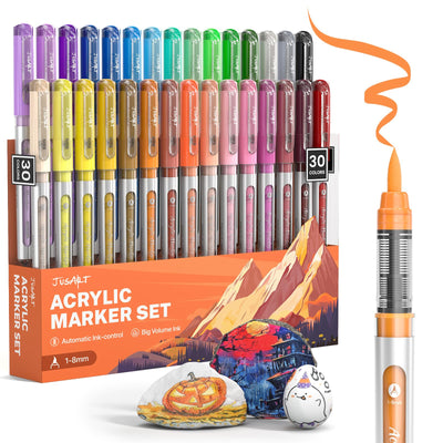JusArt 30 Colors Acrylic Paint Markers Brush Tip, Water Based Paint Pens with Automatic Ink-Control, Waterproof 1-8mm Flexible Tip Acrylic Markers for Rock Painting, Wood, Fabric, Egg, Art Supplies