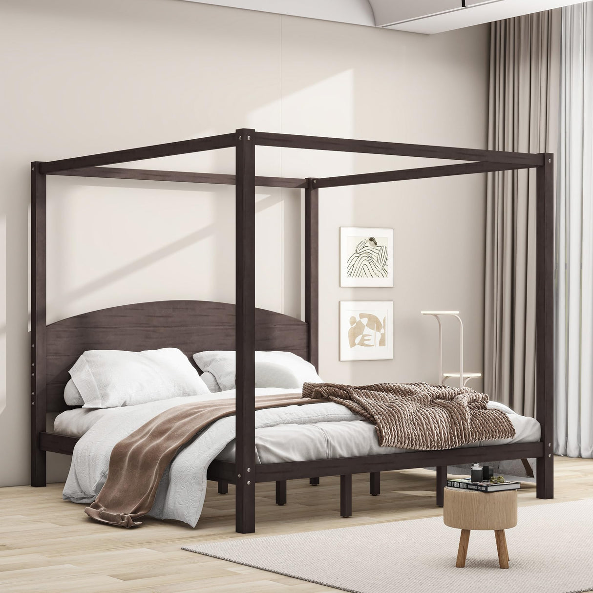 MaiDeHaoo King Size Canopy Bed Frame with Headboard, Wood King Canopy Platform Bed Frame with Headboard and Support Legs, 4 Post Canopy Bed with Under Bed Storage, Brown MaiDeHaoo