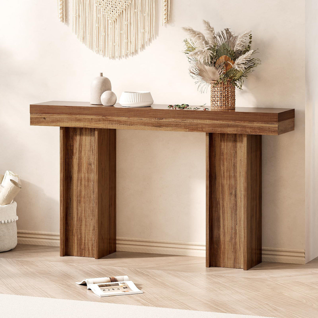 55Inch Farmhouse Console Table,Wooden Rectangular Sofa Table Behind The Couch,Entryway Console Table with Storage for Living Room, Hallway,Entrance (Light Brown) Tarnorci