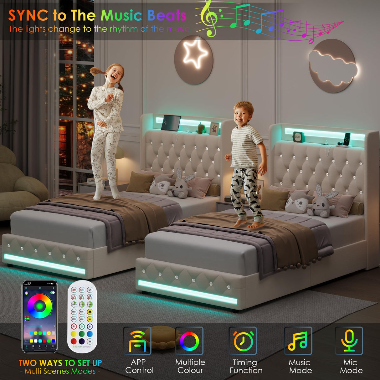 HIFIT Set of 2 Upholstered Twin Size LED Bed Frame with Charging Station & 4 Storage Drawer, Velvet Crystal Button-Tufted Wingback Headboard, Girls Twin Platform Bed Frame for Kids with Storage, Beige HIFIT