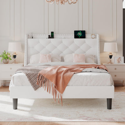 Einhomn Velvet Queen Size Bed Frame with Wingback Button Tufted Storage Headboard, Upholstered Platform Bed with Type-C Ports, Heavy Duty Slats Support, No Box Spring Needed, Easy Assembly, White