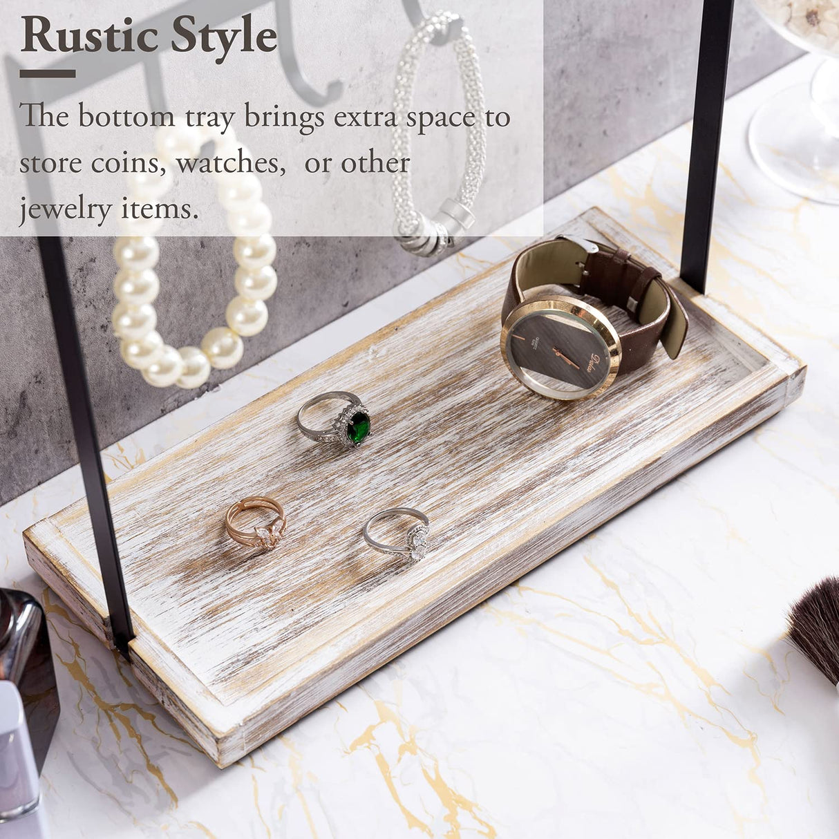 MyGift Black Metal Entryway Key Holder with 5 Hooks and Shabby Whitewashed Wood Base, Tabletop Necklace and Jewelry Organizer Rack with Ring Tray MyGift