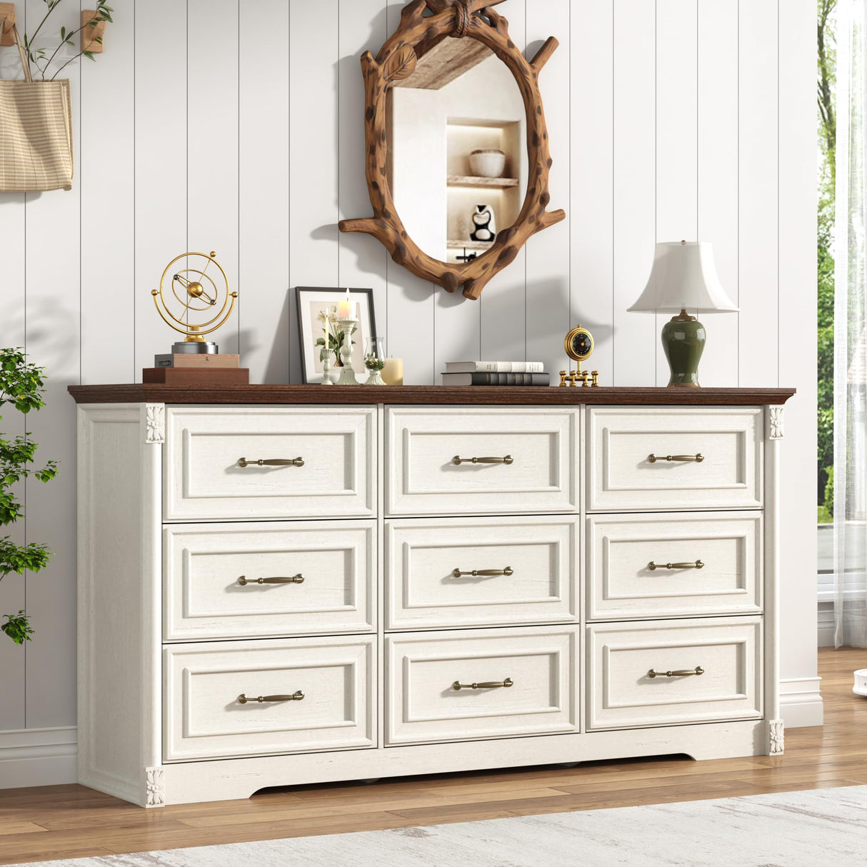 Farmhouse Wood 9 Drawer Dresser for Bedroom,Embossed Roman Column Wood Rustic 63 Inch Wide Dresser & Chest of Drawers with Rustic Handles,Tall Storage Organizer for Bedroom(Antique White) chartustriable
