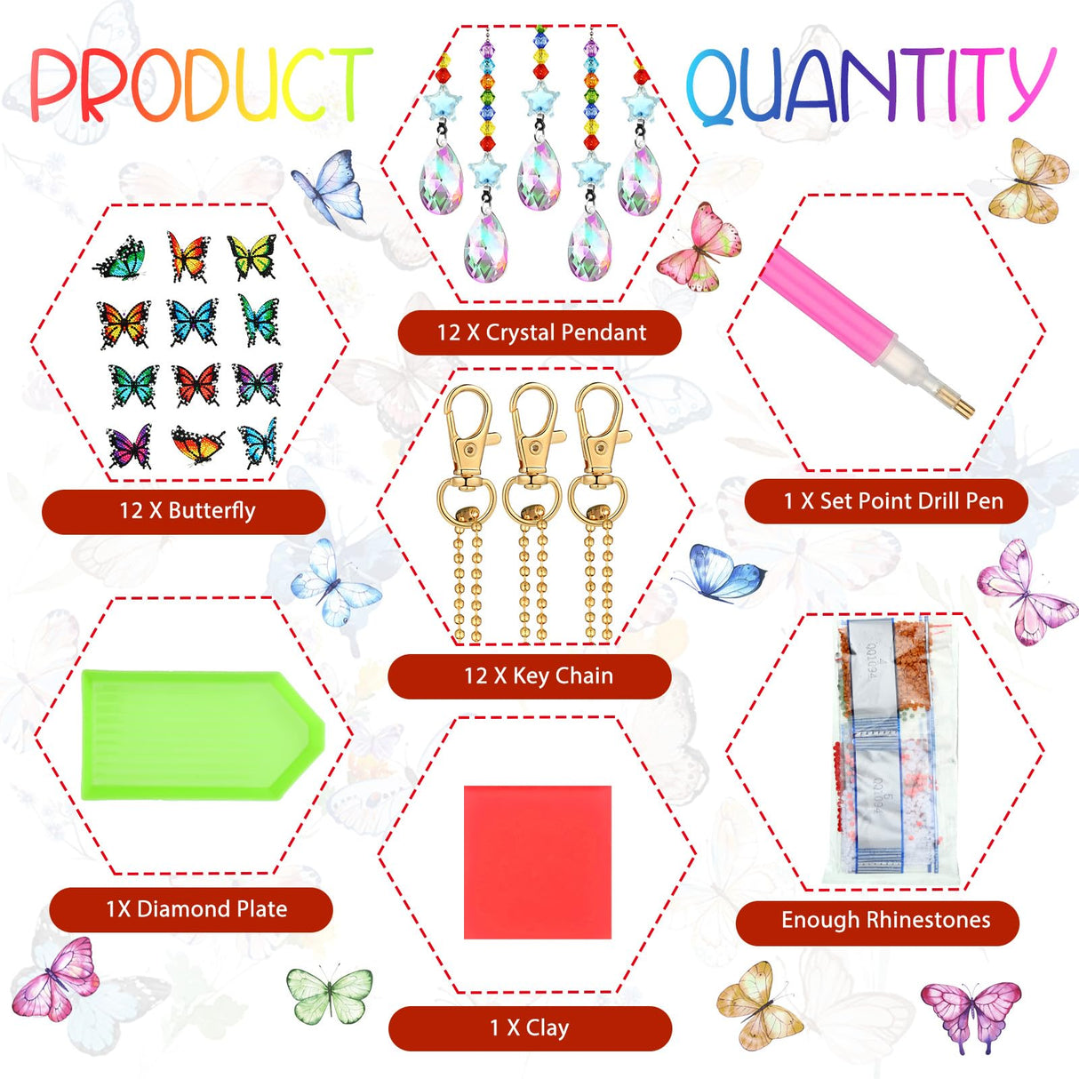 Kigley 12 Pcs Butterfly Diamond Art Wind Chimes Kit Diamond Painting Suncatcher Keychains Double Sided 3D DIY Window Hanging Ornaments Kigley