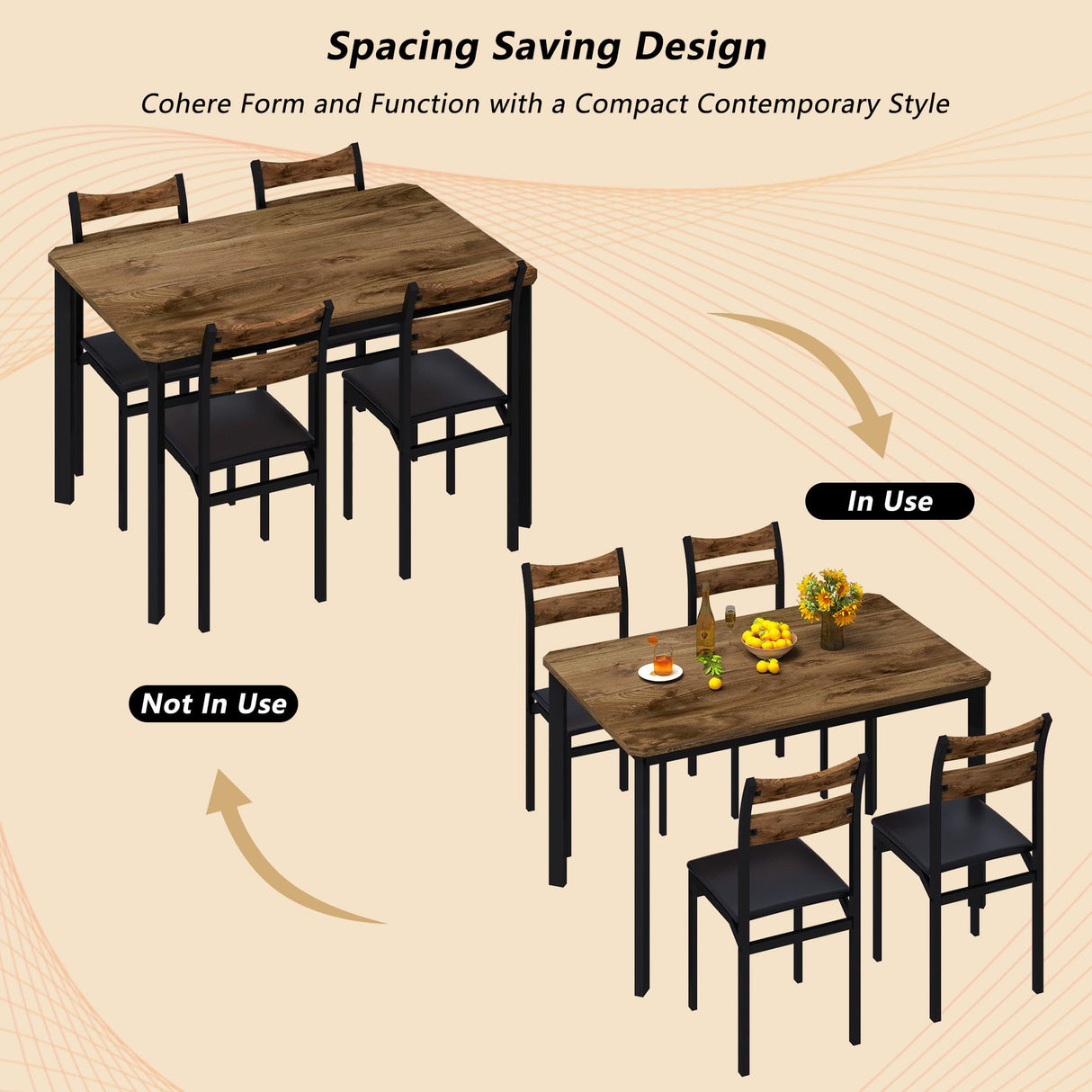 DKLGG Dining Table Set for 4, 43.3" Dining Room Table with 4 Upholstered PU Leather Chairs, Modern Wood Kitchen Table and Chairs Set, 5-Piece Dinette DKLGG
