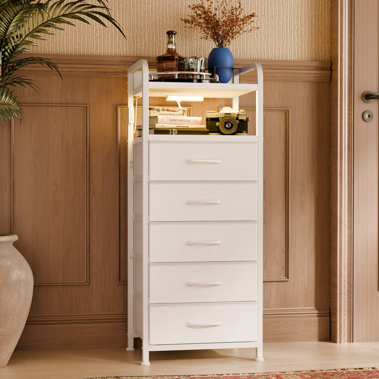 Fixwal Tall Dresser with 5 Drawers for Bedroom, 40 Inch LED Tall Nightstand with Charging Station, Night Stand White Dresser with PU Finish, Bedside Table for Dorm Fixwal