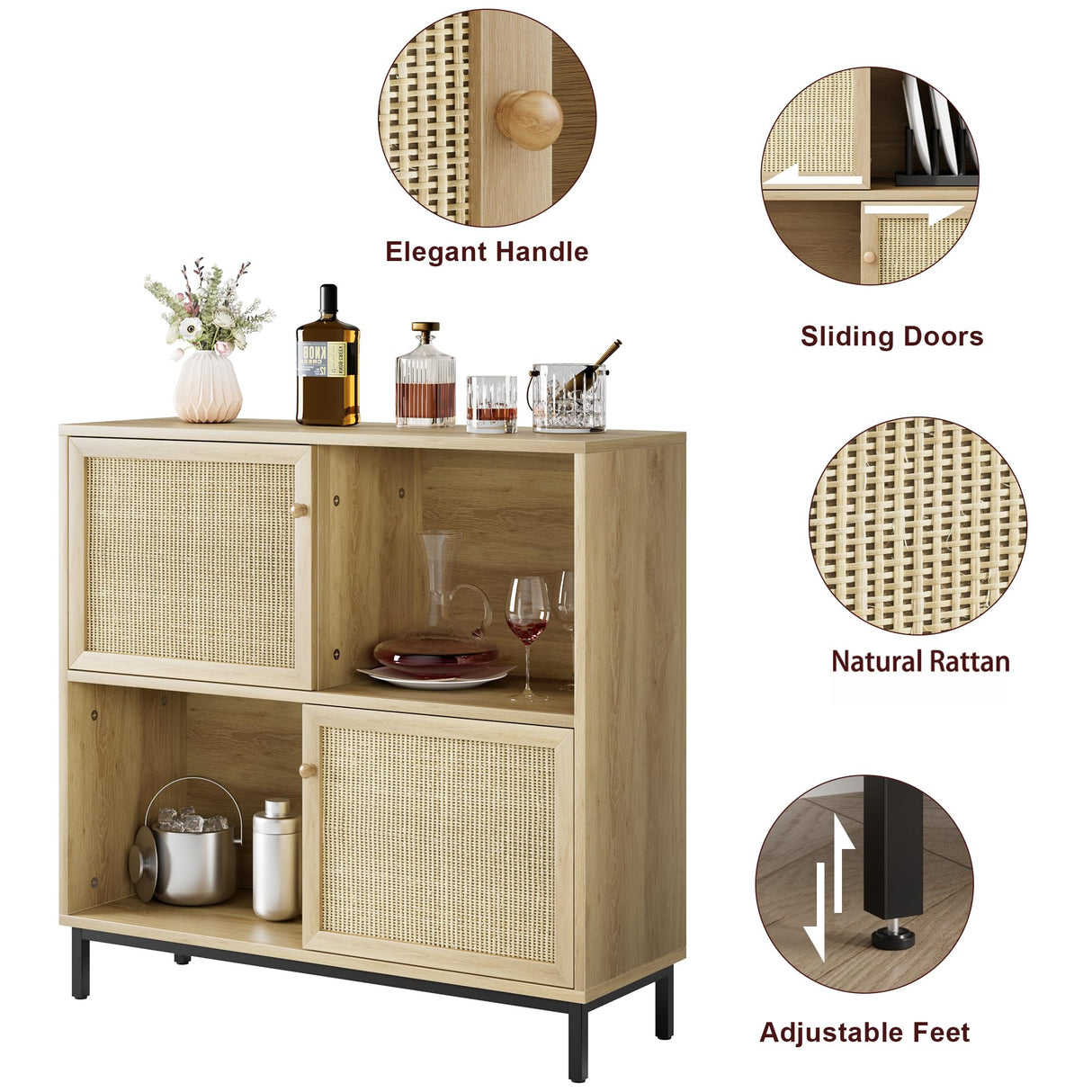 GAOMON Coffee Bar Cabinet, Rattan Sideboard Buffet Cabinet with Sliding Door, Wood Wine Liquor Cabinet, 4 Storage Cube Display Accent Cabinet, for Living Room, Kitchen, Dining Room GAOMON