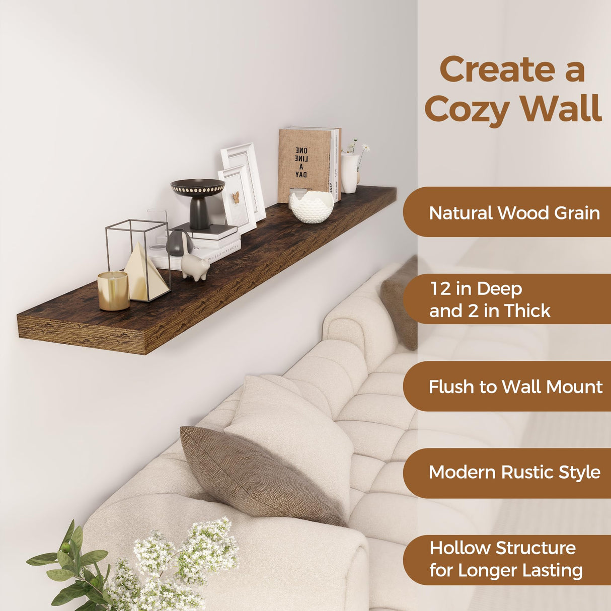 Fun Memories 72 Inch Floating Shelf, 12 Inch Deep Wall Shelf for Fireplace Mantel, Deep Storage Shelves for Home & Office, Wall Shelves with Invisible Bracket, Rustic Brown, Set of 1 Fun Memories