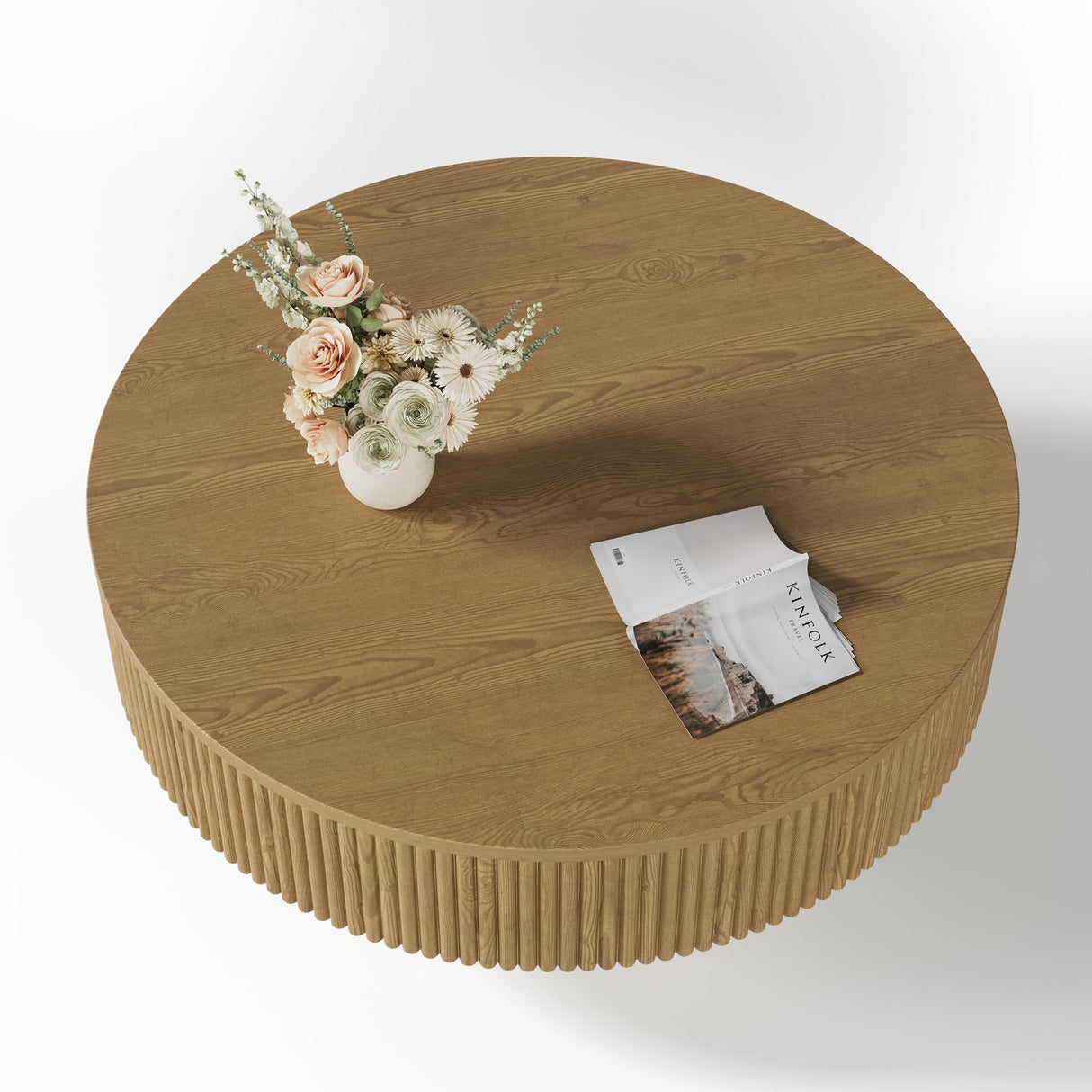 YOUDENOVA 31.5” Round Fluted Coffee Table, Modern Wood Circle Coffee Table, Veneer Handcrafted Relief Tea Table with Sturdy Pedestal for Living Room - Nature YOUDENOVA