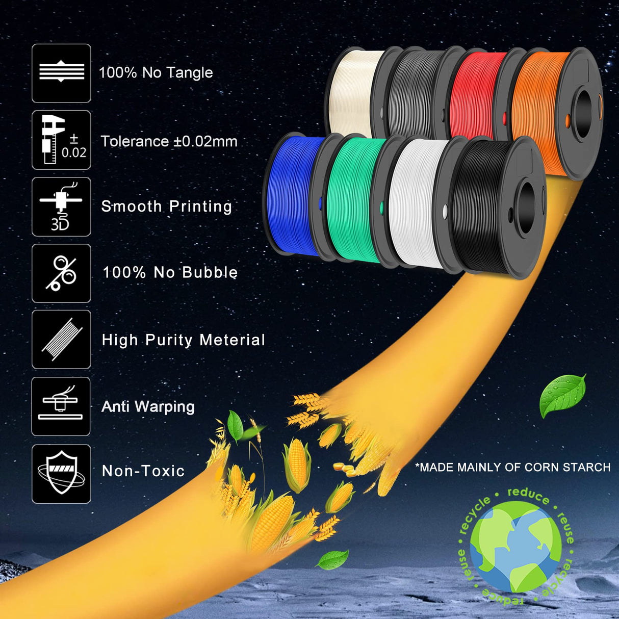 SUNLU 250g PLA Filament 1.75mm Bundle,3D Printer Filament Bundle Multicolor, Neatly Wound PLA Filament, Individually Vacuum Packed,250g Spool,8 Rolls,Black+White+Grey+Transparent+Red+Blue+Orange+Green SUNLU
