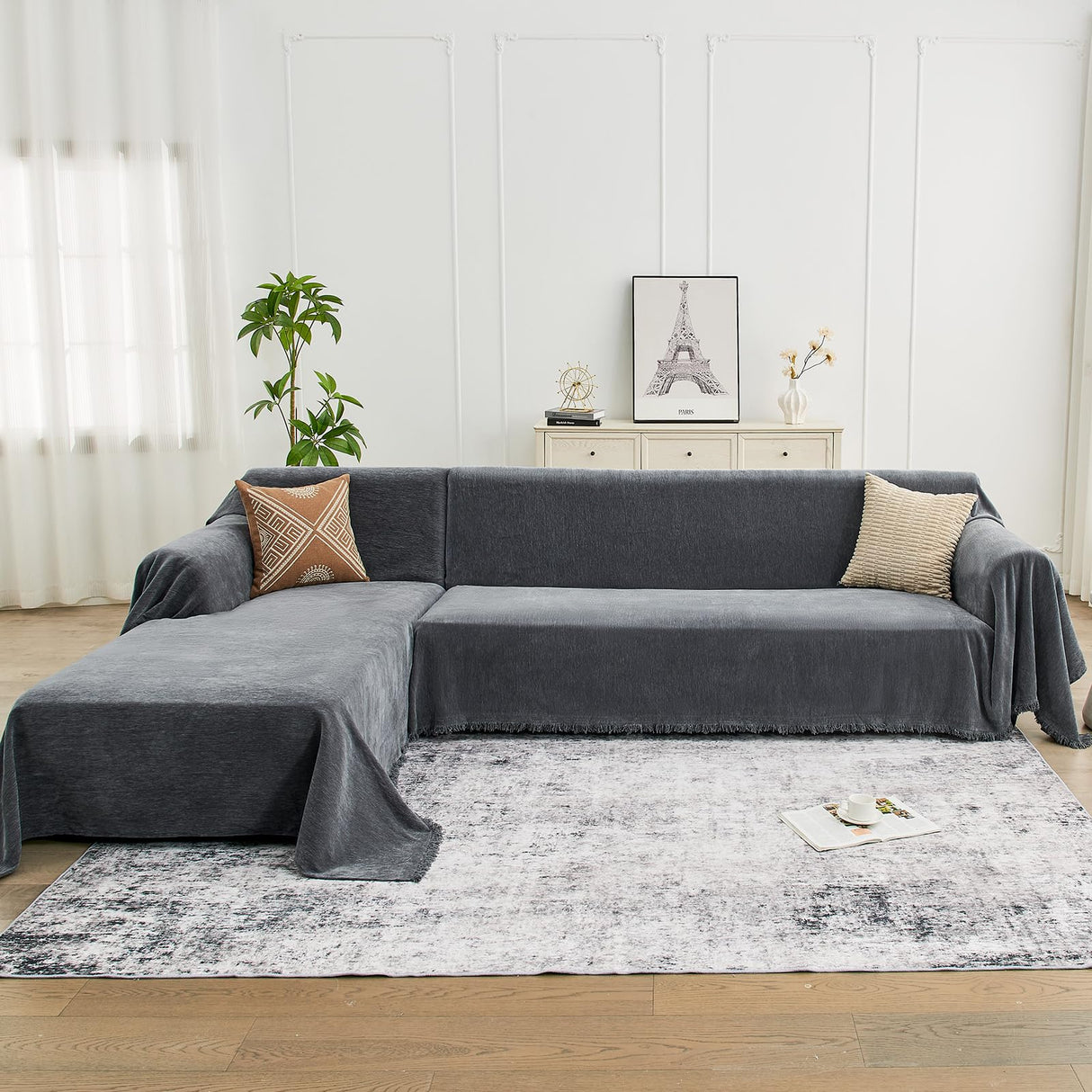 CAPALOCA Sectional Couch Covers, 2 Pieces Chenille Sofa Cover L Shaped Couch Cover Blanket for Dogs Washable Sofa Slipcovers Pet Furniture Protector (X-Large: 71" x 110" + 71" x 118", Dark Gray) CAPALOCA