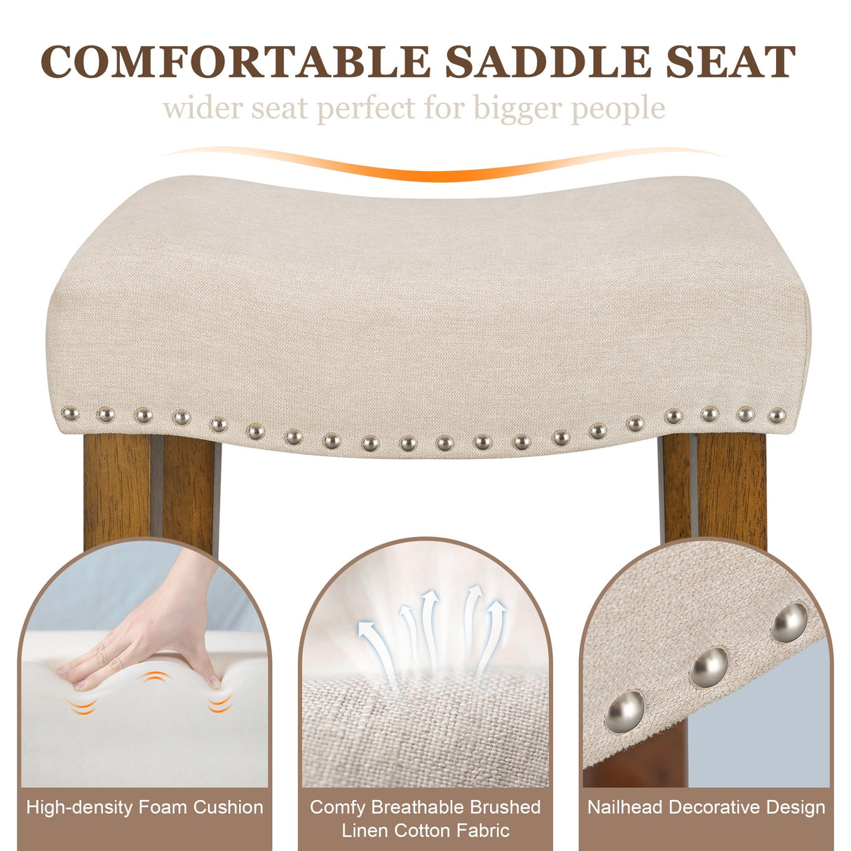 PrimeZone Counter Height Bar Stools Set of 2 - Backless Saddle Barstools with 4.3" Thick Upholstered, Nailhead Trim Linen Fabric & Solid Wood Legs, 26 Inch Counter Stools for Kitchen Island, Beige PrimeZone
