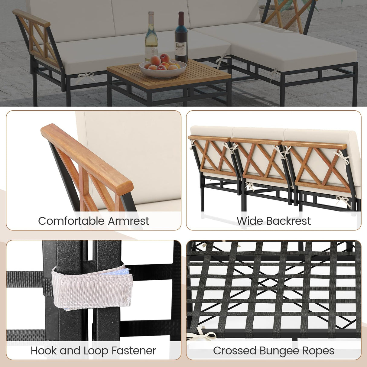 Tangkula 3 Pieces L-Shaped Outdoor Furniture Set, Acacia Wood Patio Sectional Cushioned Conversation Sofa with Square Coffee Table, for Porch, Backyard & Poolside (Beige) Tangkula