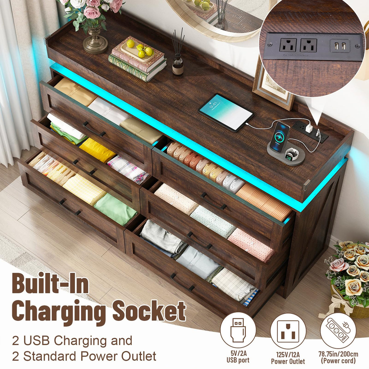 Hlivelood 59" Large Farmhouse 6 Drawers Dresser for Bedroom,Wide Wood Rustic 6 Chests of Drawers for Closet, with LED Light and Power Outlets,Tall Storage Dresser Organizer for Bedroom(Antique Brown) Hlivelood