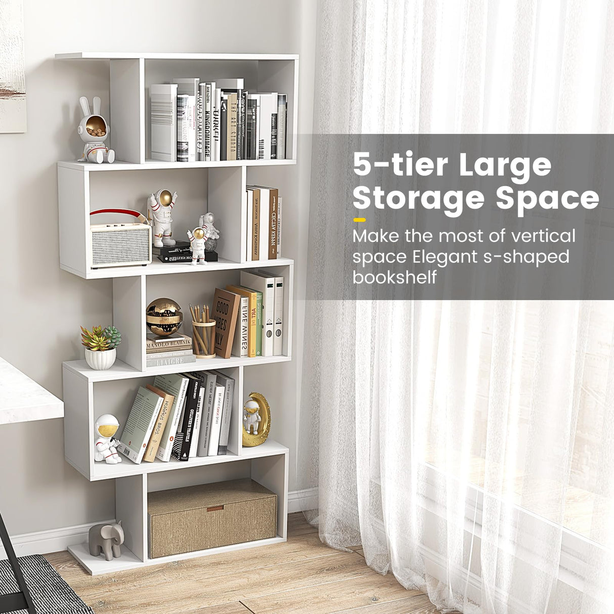 Byroce 5-Tier Geometric Bookcase Set of 2, 62.5” Freestanding Room Divider Bookshelf with Open Display Shelves & Anti-tip Device, Wood S-Shaped Storage Organizer for Living Room, Bedroom & Home Office WoodArtSupply