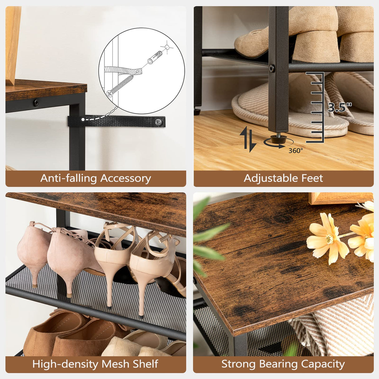 MAHANCRIS 8-Tier Shoe Rack, Large Capacity Shoe Shelf, Shoe Organizer for Entryway, 28-32 Pairs of Shoes, Stable Sturdy, Tall Shoe Rack with Adjustable Metal Mesh Shelves, Rustic Brown SRHR1801Z MAHANCRIS