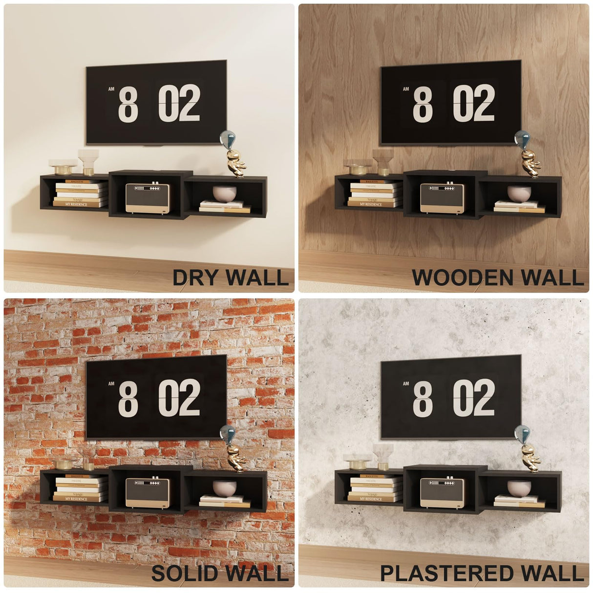 IBUYKE Floating TV Stand Wall Mounted with Power Outlet,Modern Wood Wall Mounted Media Console Shelf,Floating Entertainment Center for Under TV Storage for Living Room Bedroom Office,Black WST001B- IBUYKE