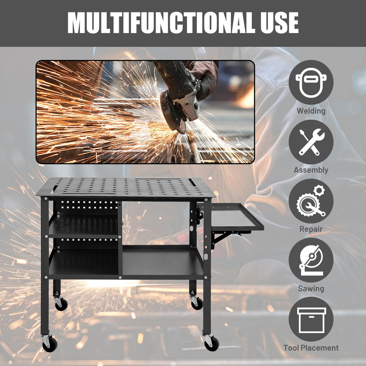 Hymula Welding Table 36" X 24", 1200 lbs Load Capacity Welding Work Bench on Wheels, Steel Work Table with Adjustable Shelves, Portable Workbench with Foldable Tray, Welding Cart for Welding Sawing Hymula