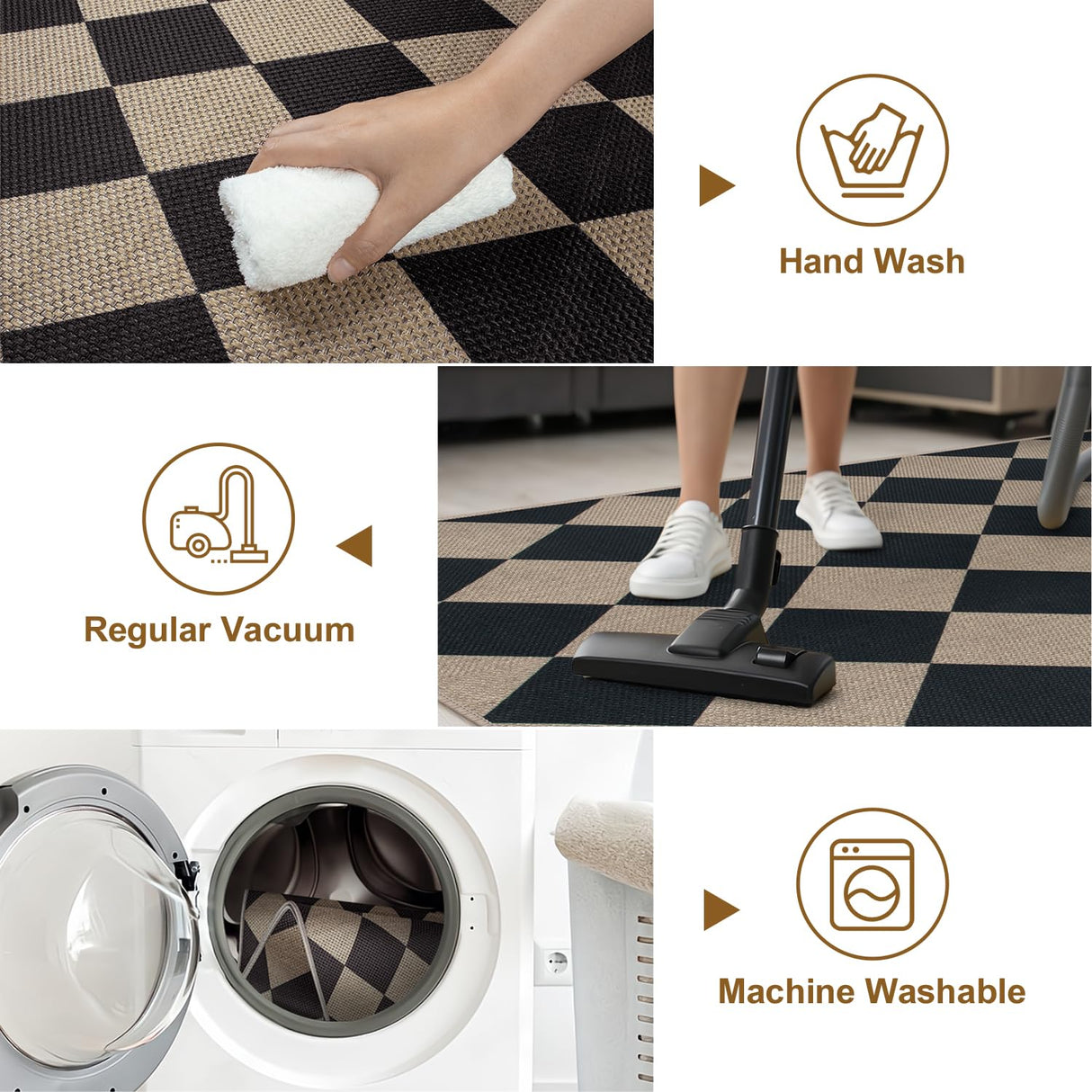 Rugalia Easy Jute Black Checkered 8x10 Area Rug, Washable Modern Outdoor Rug for Patio Non-Slip Diamond Rugs for Living Room, Neutral Farmhouse Floor Carpet for Bedroom Dining Room Classroom Rugalia