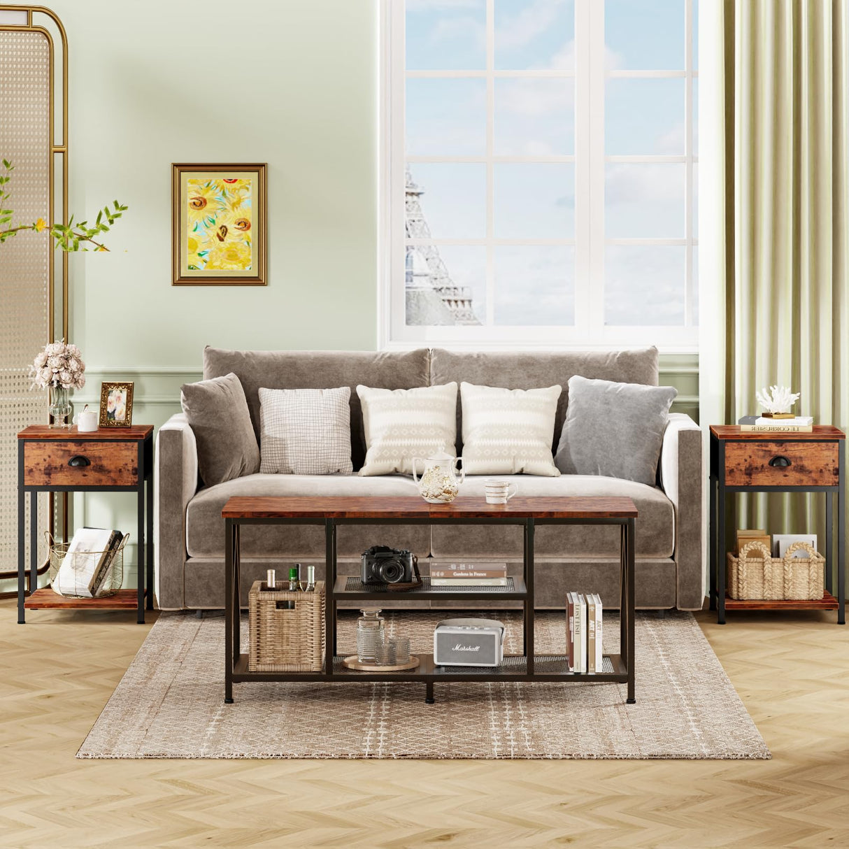 Furologee Nightstands Set of 2, Industrial End Table with Fabric Drawer and Storage Shelf, Retro Bedside Tables Organizer, Side Table for Living Room Bedroom, Rustic Brown Furologee