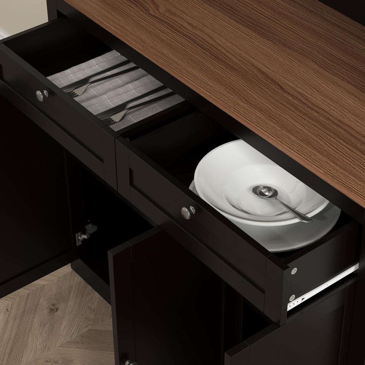 HOMCOM 71" Tall Pantry Cabinet with Microwave Stand, Freestanding Kitchen Hutch with 2 Drawers, Bar Cabinet with Adjustable Shelves, Glass and Recessed Doors for Kitchen, Dining Room, Black HOMCOM