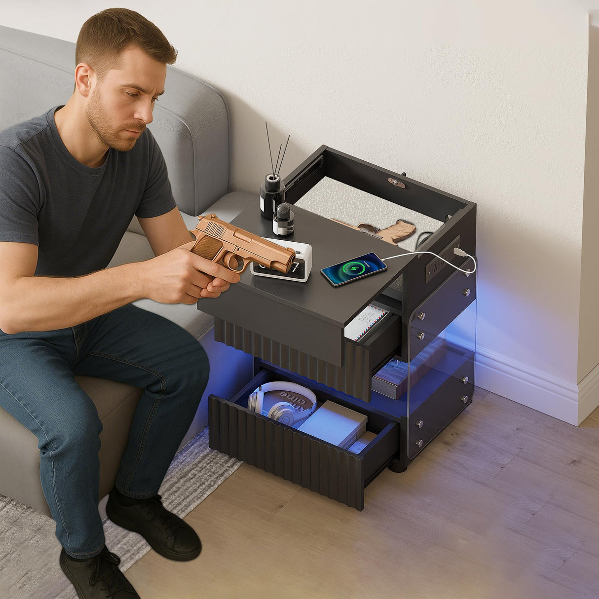 STHOUYN Bedroom LED Nightstand with Gun Drawers, Black Modern Night Stand with USB & Type-C Charging Station, Smart Nightstand Noght Stand, Bedside Table Gun Safe Side End Tables Office (1, Black) STHOUYN